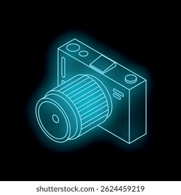 Neon blue outline of a digital camera taking a picture on a black background