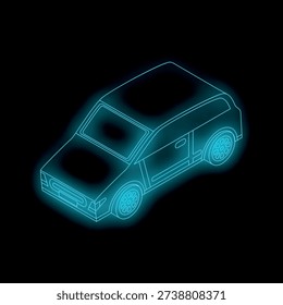Neon blue outline of a generic hatchback car shining on black background, simple digital illustration