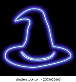 Neon blue outline halloween witch hat on black background. Vector illustration