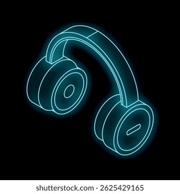 Neon blue outline of headphones floating on black background, giving a feeling of modernity and technology