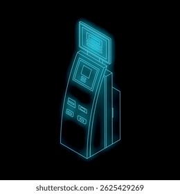 Neon blue outline of a payment terminal standing on a black background, concept of digital payment