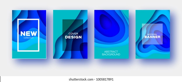 Neon Blue Paper Cut Wave Shapes. Layered curve Origami design for business presentations, flyers, posters. Set of 4 vertical banners. 3D abstract map carving. Text. Frame.