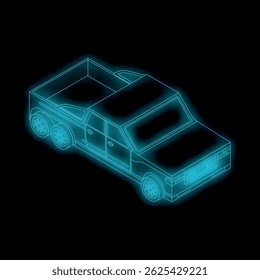 Neon blue pickup truck wireframe showing six wheels on black background