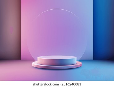 Neon Blue and Pink 3D Podium with Circular Glass Panel, Modern Minimal Mockup for Product Display, Showcase, and Technology Concept Design