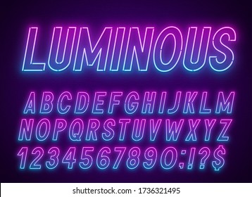 Neon blue pink font, light alphabet with numbers.