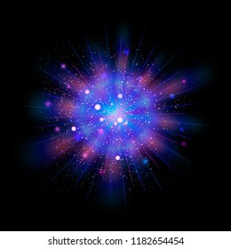 Neon blue and pink glitter particles background effect. Star dust sparks in explosion on black background. Vector Illustration