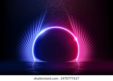 Ilustración vectorial de podio rosa azul neón. Abstractas fondo negro de premio con marco redondo brillante de neón y rayos, brillo de confeti lluvias que caen desde arriba de la Plantilla para la presentación del producto.