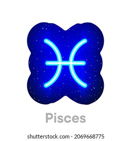 Neon blue Pisces zodiac icon in space. Realistic neon horoscope icon. Glowing neon Pisces zodiac line icon. It has mask area on White Background.