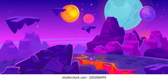 A neon blue planet in deep space with different moons in orbit. Rocky mountains and a lava crack on the surface. Background for a deep space game. Cartoon style vector with landscape view.