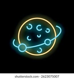 Neon blue planet with ring orbiting around a glowing yellow star on black background