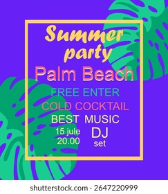 Neon blue poster for summer night beach party invitation with monstera leaves