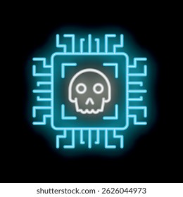 Icono de procesador azul neón que muestra la advertencia del cráneo de ciberpeligro