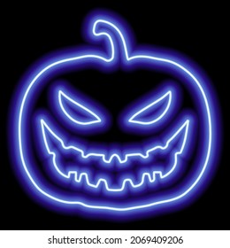 Neon Blue Pumpkin Outline For Halloween With Cut Out Evil Face On Black Background. Vector Illustration