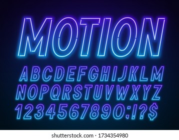 Neon blue purple font, light alphabet with numbers.