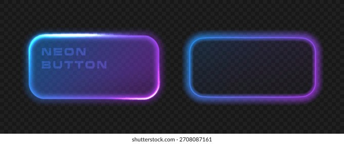 Botón brillante azul neón púrpura. Conjunto de marco de rectángulo ligero, diseño de Vector de Anuncio de juego digital UI