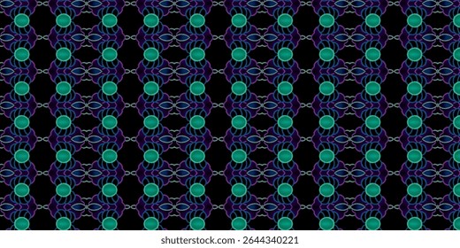 Neon blue and purple lace-inspired pattern on black, fusing traditional symmetry with futuristic glow for tech fashion or nightlife themes.