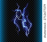 Neon Blue and Purple Lightning Cluster on Transparent, Electric storm effect with glowing lightning arcs on a transparent background
