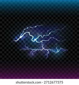 Neonblauer und violetter Blitzcluster auf transparentem, elektrischem Sturmeffekt mit leuchtenden Blitzbögen auf transparentem Hintergrund