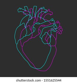 Neon blue and purple synthwave human heart line on dark grey background