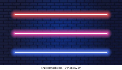 Neonblaue, rote, rosa leuchtende Linien oder helle Schwerter. Neonröhren zur Dekoration und Abdeckung auf dem Wandhintergrund. Vektorgrafik.