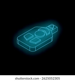 Neonblaue Fernbedienung, die auf dunklem Hintergrund schwebt und ein isometrisches Design aufweist