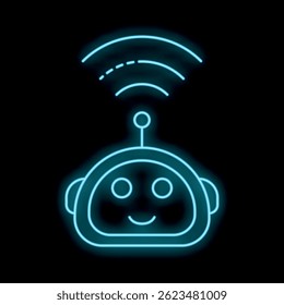 Icono de señal inalámbrica de envío de cabeza de robot azul neón, brillante sobre fondo negro