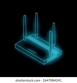 Neon blue router providing wireless internet connection on black background
