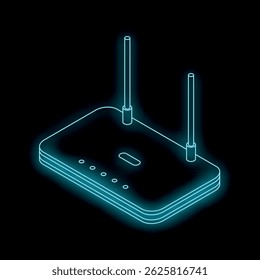 Roteador azul Néon com duas antenas brilhantes em fundo preto, fornecendo acesso wireless à Internet