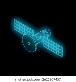 Neon blue satellite with solar panels orbiting earth, symbolizing global communication and space exploration