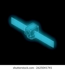 Neon blue satellite transmitting signal while orbiting earth