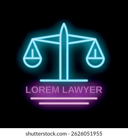 Neon blue scales glowing on a dark background, representing legal services and the pursuit of justice