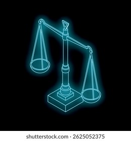 Neon blue scales of justice balancing on a dark background, symbolizing law, order, and legal processes