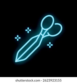Neon blue scissors glowing on black background, perfect for a bright and modern design element