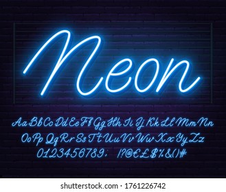 Neon blue script font. Glowing alphabet with letters, numbers and special characters.