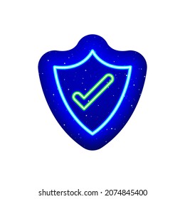 Neon blue security mark with a tick in the middle. Midnight blue. Firewall design with neon. Realistic neon icon. There is mask area on White Background.