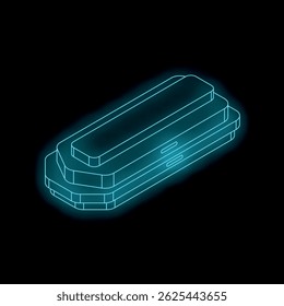 Neon blue server rack glowing on black background representing data storage, cloud computing, and modern technology