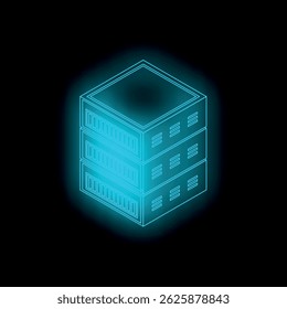 Neon blue server rack glowing on a dark background, representing data storage, cloud computing, and powerful processing capabilities