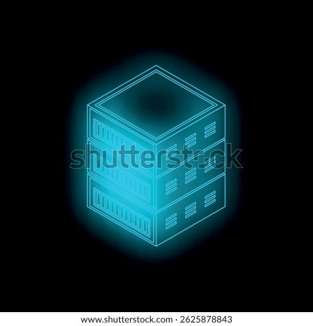 Neon blue server rack glowing on a dark background, representing data storage, cloud computing, and powerful processing capabilities