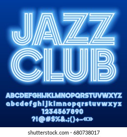 Neon blue set of Alphabet Letters, Numbers and Punctuation symbols. Font contains graphic style. Vector icon with text Jazz Club