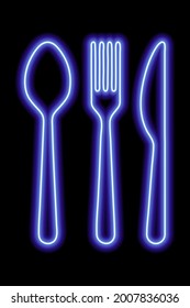 Neon blue shapes of spoon, fork and table khife on a black background. Set of cutlery. Vector illustration