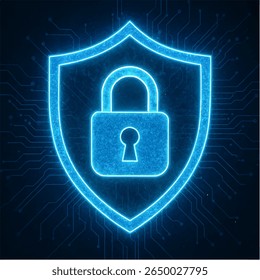 A neon blue shield with a padlock inside, set against a dark background with circuit board patterns. This digital security graphic features a distinctive silhouette style.