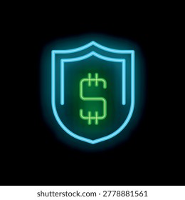 Neon blue shield is protecting a glowing green dollar sign on a black background
