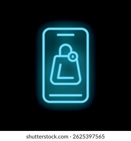 Ícone azul neon da bolsa de compras brilhando dentro da tela do smartphone no fundo preto, representando compras on-line e comércio eletrônico