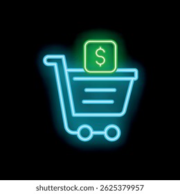 Neon blue shopping cart with a green dollar sign above it, symbolizing online shopping and e commerce