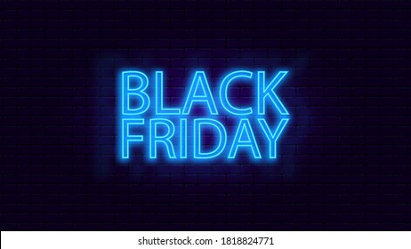 Neon blue signboard, black Friday, neon lettering on brick wall background, vector illustration