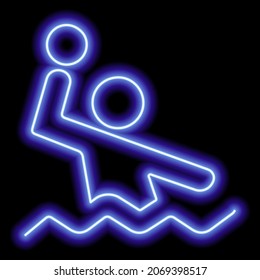 Neon blue silhouette of man playing water polo on black background. Vector illustration