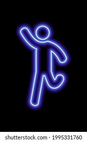 Neon blue silhouette of a running man who waves his hand. Vector illustration