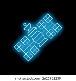 Neon blue space satellite transmitting signal while orbiting earth on black background