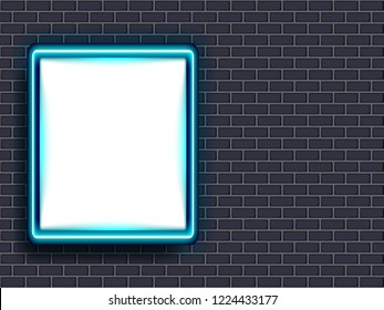 Neon blue square light box banner, mockup on brick wall background