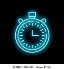 Neon blue stopwatch glowing on black background representing time passing
